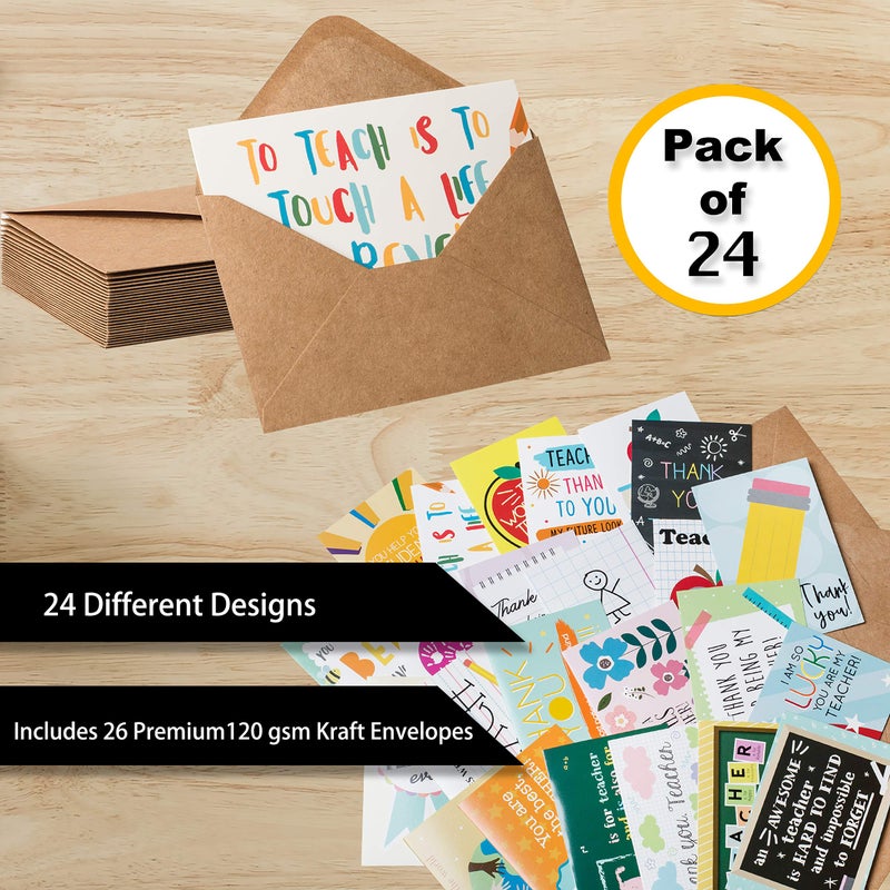 Bargain Paradise 24 Pack Teacher Thank You Cards - Cute Teacher Appreciation Cards in 24 unique Designs- Greeting Card For Teachers Day Card -End of Year Teacher Cards, Thank You Notes To Teachers 4 x 6 inches - Image 4